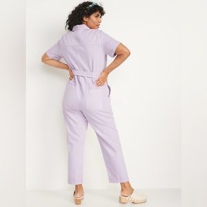 Short-Sleeve Cropped Tie-Belt Utility Non-Stretch Jean Jumpsuit for Women